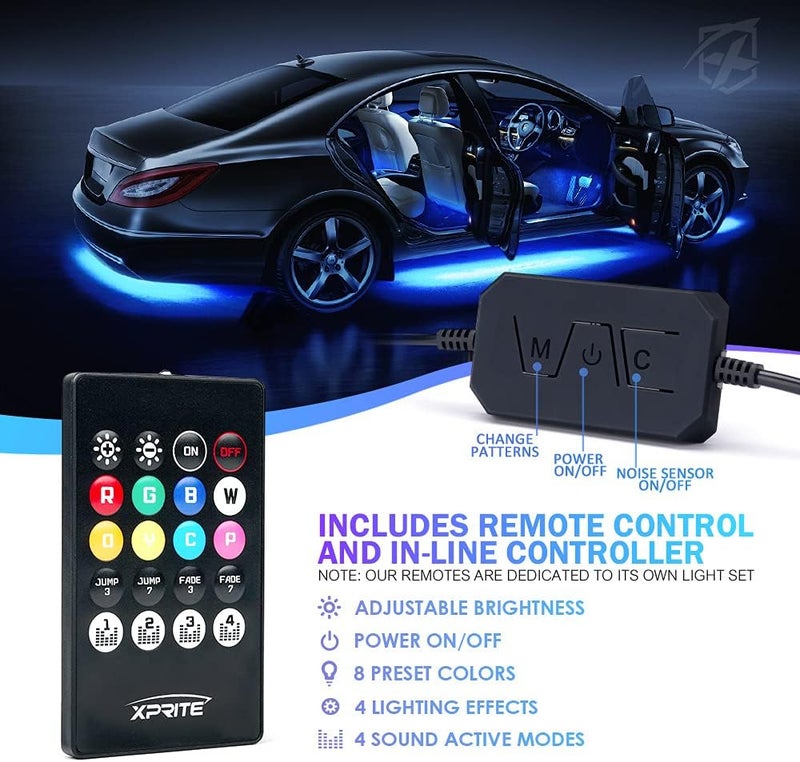 Xprite 8 قطع أضواء شريط LED RGB للسيارات، إضاءة خارجية داخلية مع تحكم بلوتوث، مجموعة تحكم عبر التطبيق وجهاز تحكم عن بعد، مزامنة موسيقية، أضواء نيون داخلية تحت الجسم للسيارات SUV والشاحنات - Image 4